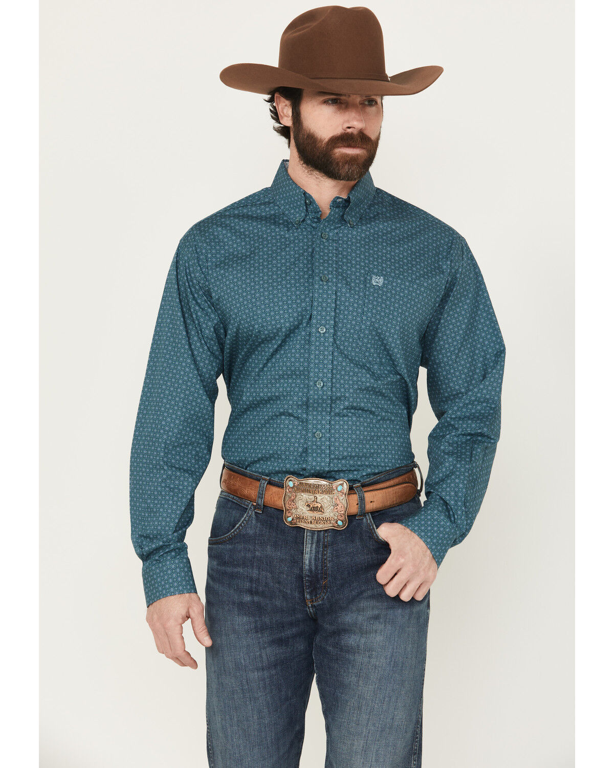 Image #1 - Cinch Men's Geo Print Long Sleeve Button-Down Western Shirt - Big, Green, hi-res