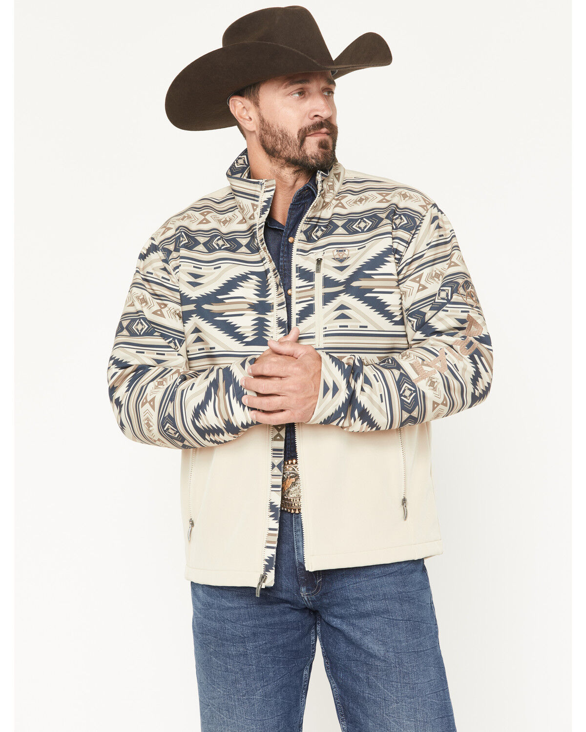 Image #1 - Ariat Men's Southwestern Colorblock Concealed Carry Softshell Jacket, Sand, hi-res