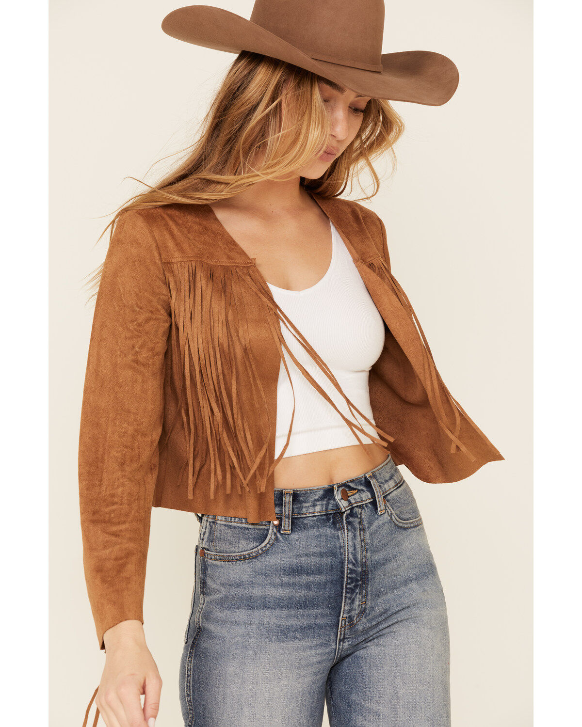Image #4 - Vocal Women's Faux Suede Western Fringe Jacket, Camel, hi-res