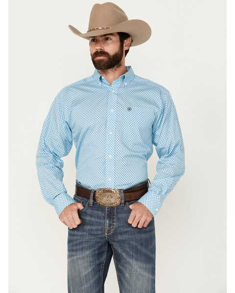 Ariat Men's Wrinkle Free Ricky Geo Print Long Sleeve Button-Down Western Shirt , Light Blue, hi-res