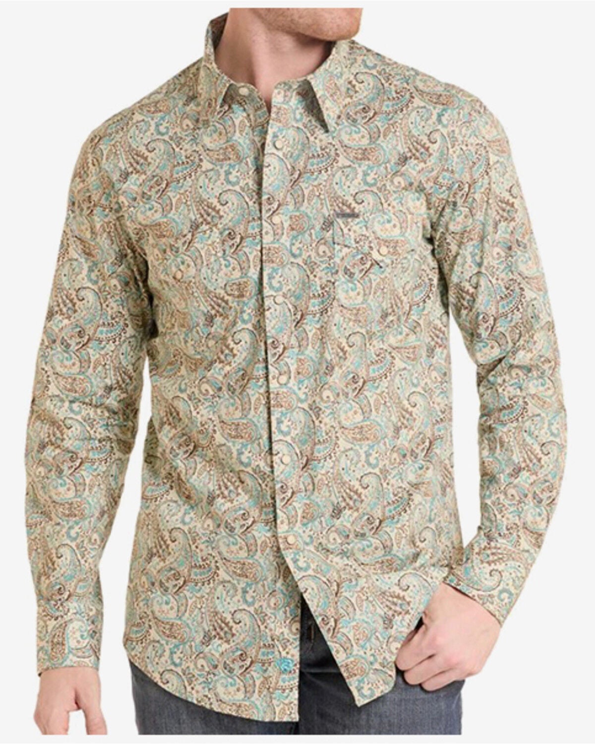 Image #1 - Rock & Roll Denim Men's Paisley Print Long Sleeve Snap Stretch Western Shirt, Teal, hi-res