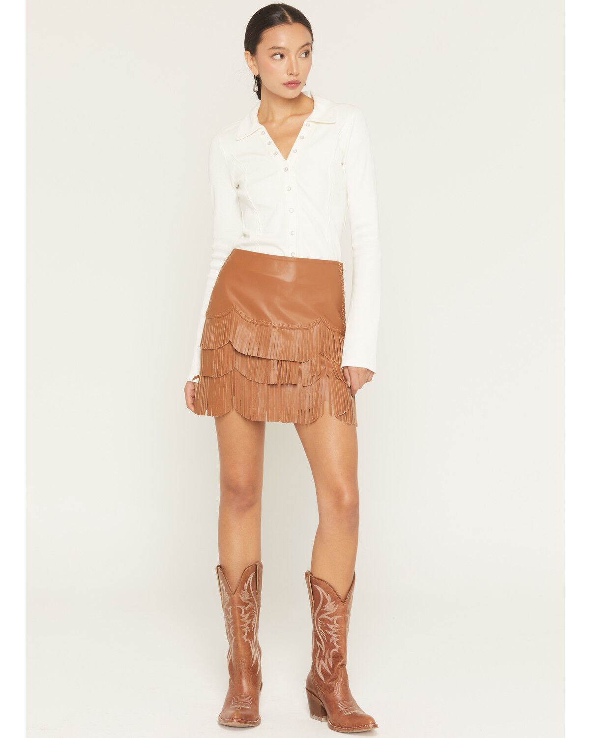 Image #1 - Idyllwind Women's Irene Fringe Faux Leather Skirt, Caramel, hi-res