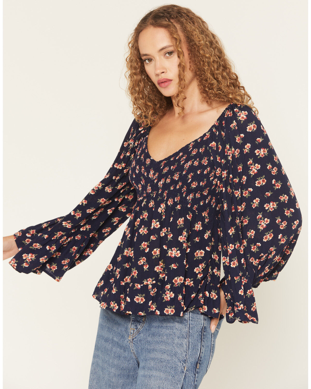 Image #2 - Angie Women's Floral Print Long Bell Sleeve Top, Navy, hi-res