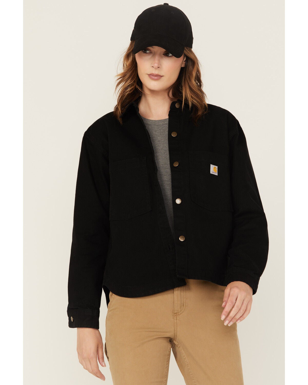 Carhartt Women's Rugged Flex&reg; Loose Fit Heavyweight Duck Long Sleeve Button-Down Work Shirt, Black, hi-res