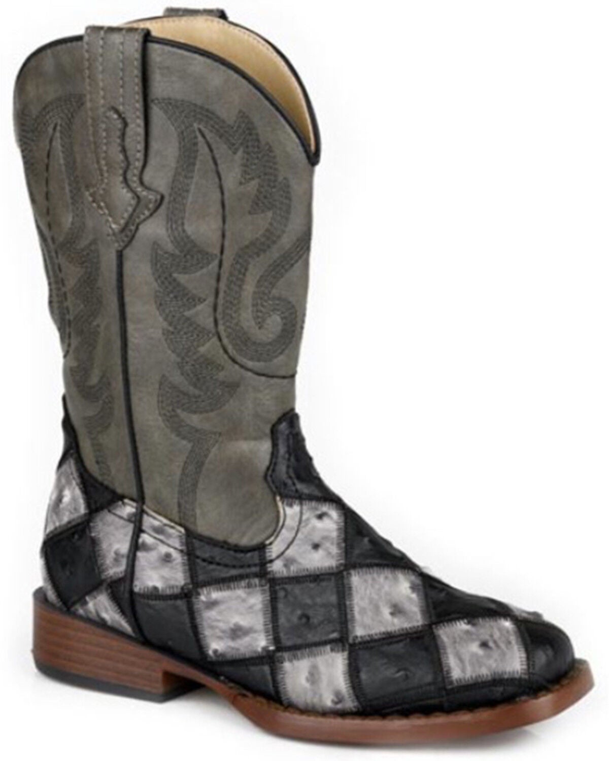 Roper Little Boys' Bird Blocks Ostrich Print Western Boots - Broad Square Toe, Black, hi-res