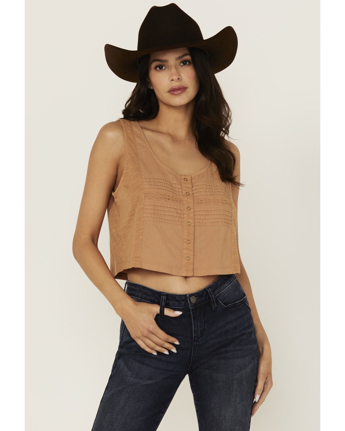 Cleo + Wolf Women's Brighton Cropped Pintuck Tank, Light Orange, hi-res