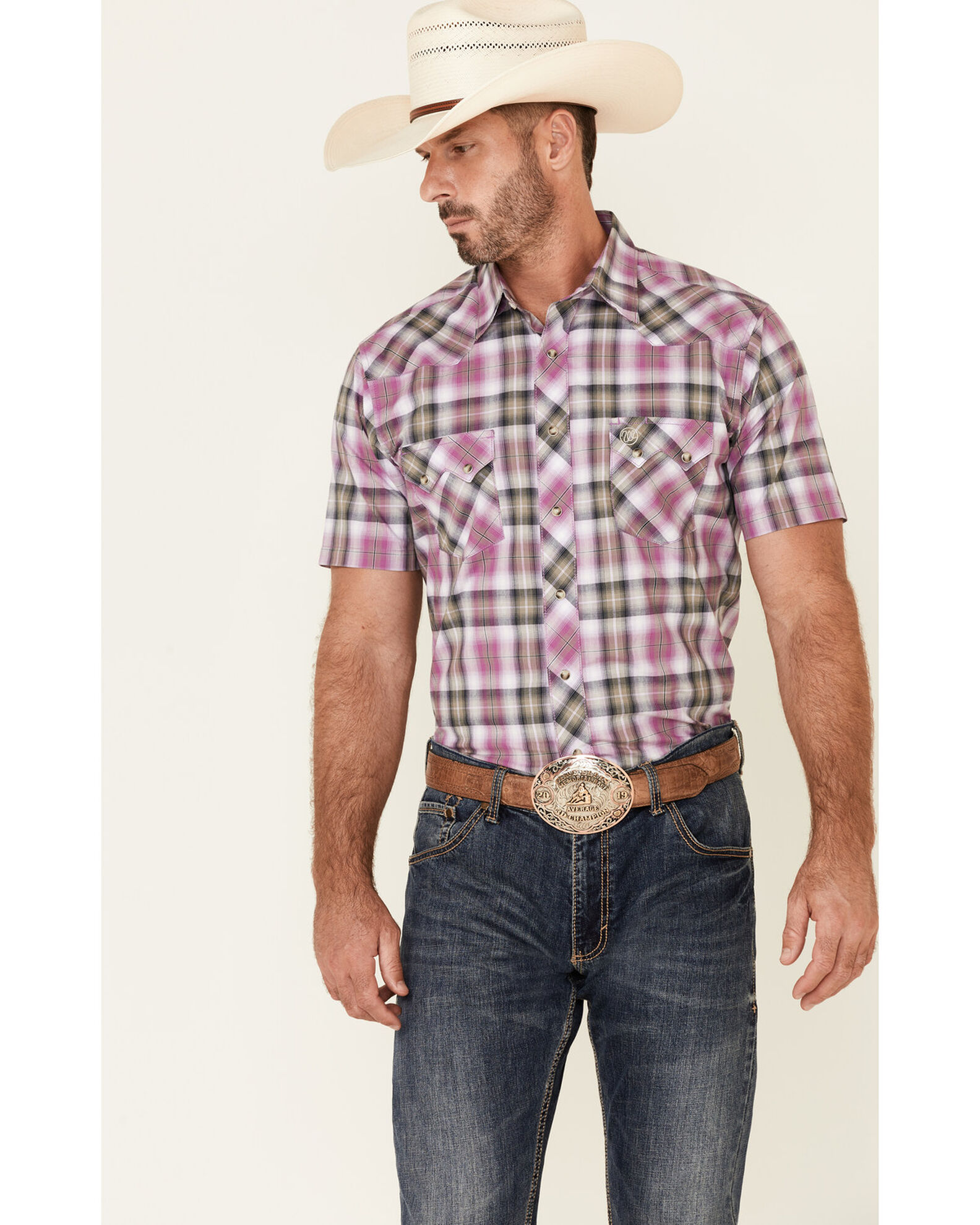 Wrangler Retro Men's Plum Plaid Short Sleeve Snap Western Shirt | Boot Barn