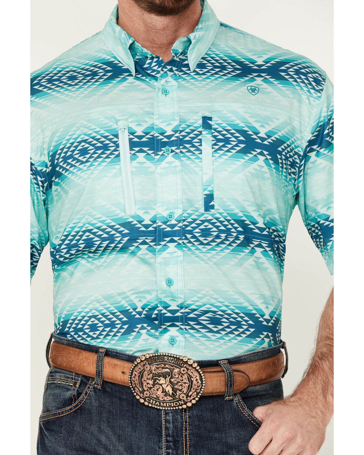 Image #3 - Ariat Men's VentTEK Classic Fit Southwestern Striped Short Sleeve Performance Shirt - Tall, Aqua, hi-res