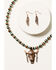 Shyanne Women's Cactus Rose Longhorn Feather Necklace & Earring 2-Piece Set  , Rust Copper, hi-res