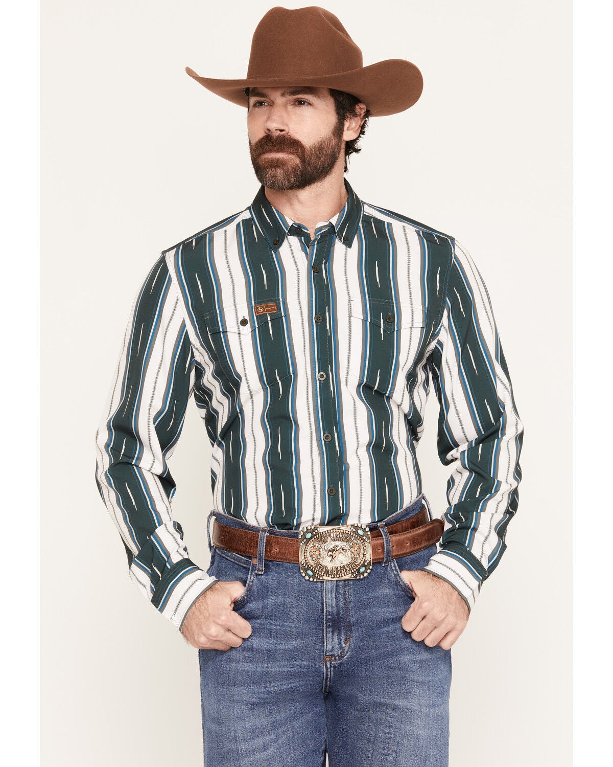Zach Top X Kimes Ranch Men's Hickory Striped Long Sleeve Button-Down Western Shirt, Green, hi-res