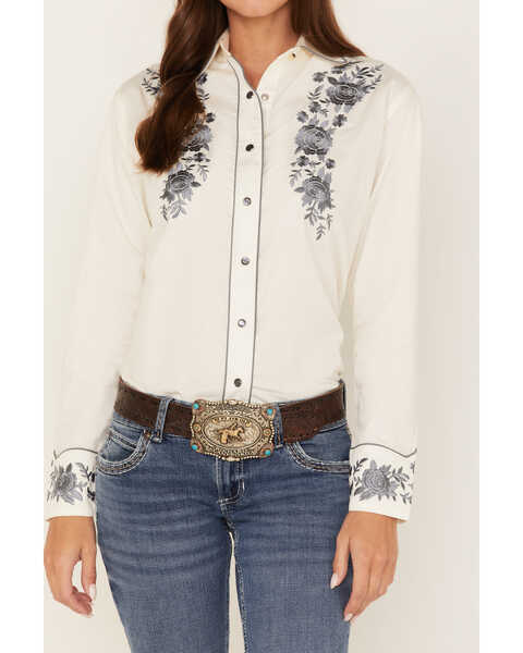 Image #3 - Rockmount Ranchwear Women's Cascading Embroidered Floral Print Long Sleeve Western Shirt, Ivory, hi-res