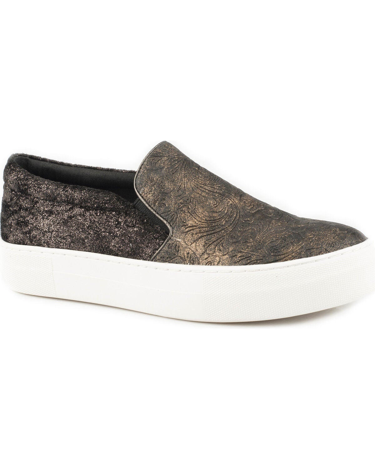 Image #1 - Roper Darcy Women's Black Metallic Floral Tooled Slip On Shoes - Round Toe, , hi-res