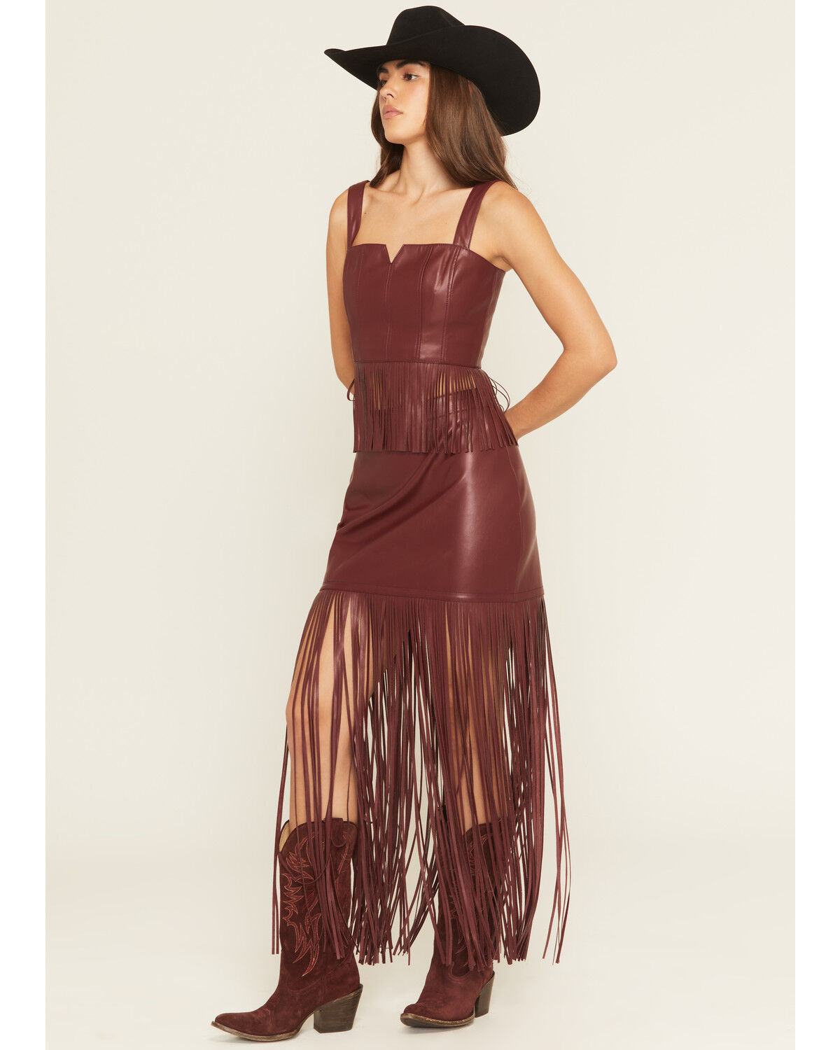 Image #2 - Idyllwind Women's Payson Faux Leather Fringe Maxi Skirt, Cherry, hi-res
