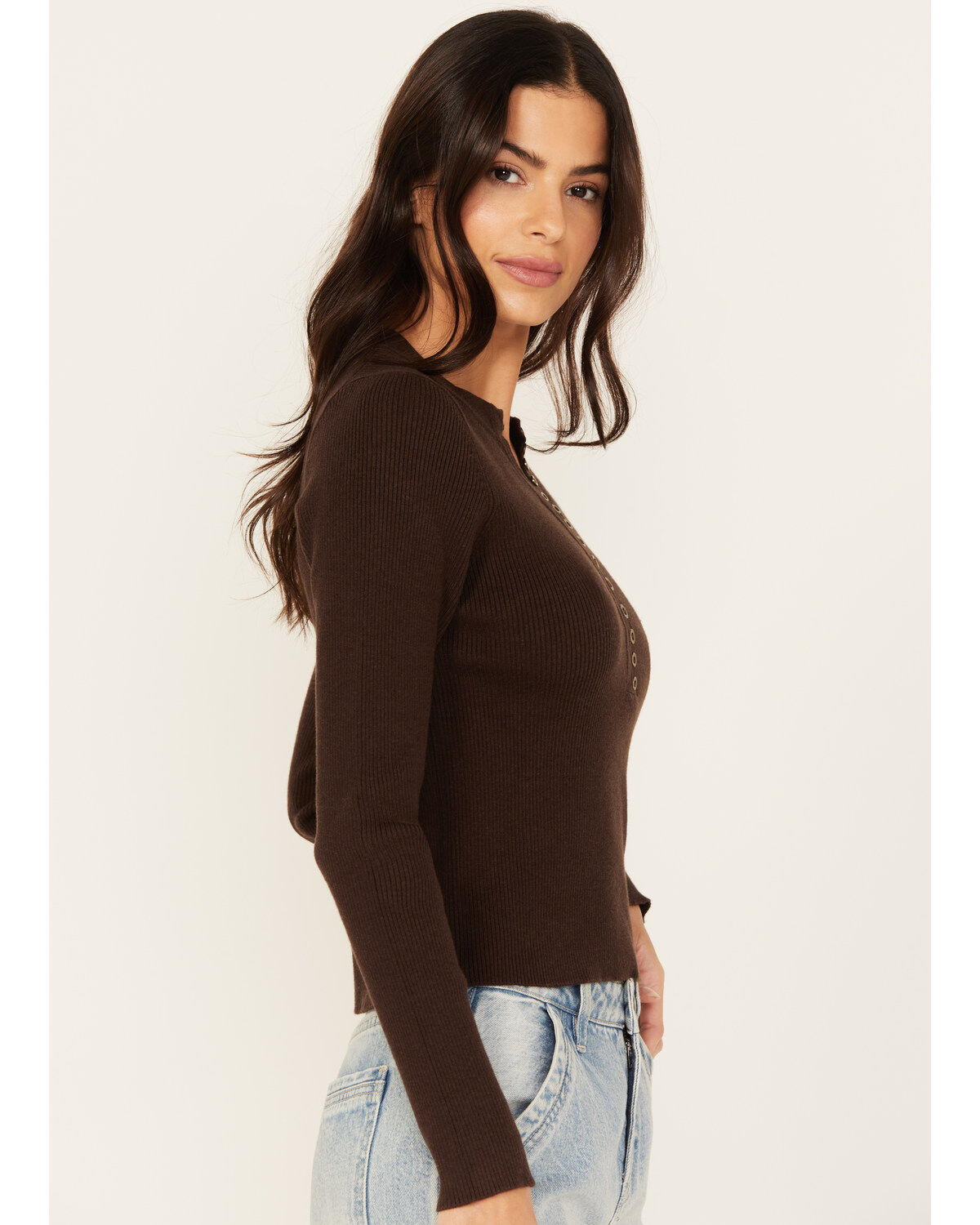 Image #2 - Cleo + Wolf Women's Ribbed Henley Sweater, Chocolate, hi-res