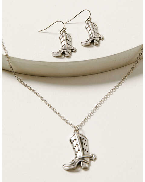Shyanne Women's Cowgirl Boot Pendant Necklace & Earring Set , Silver, hi-res
