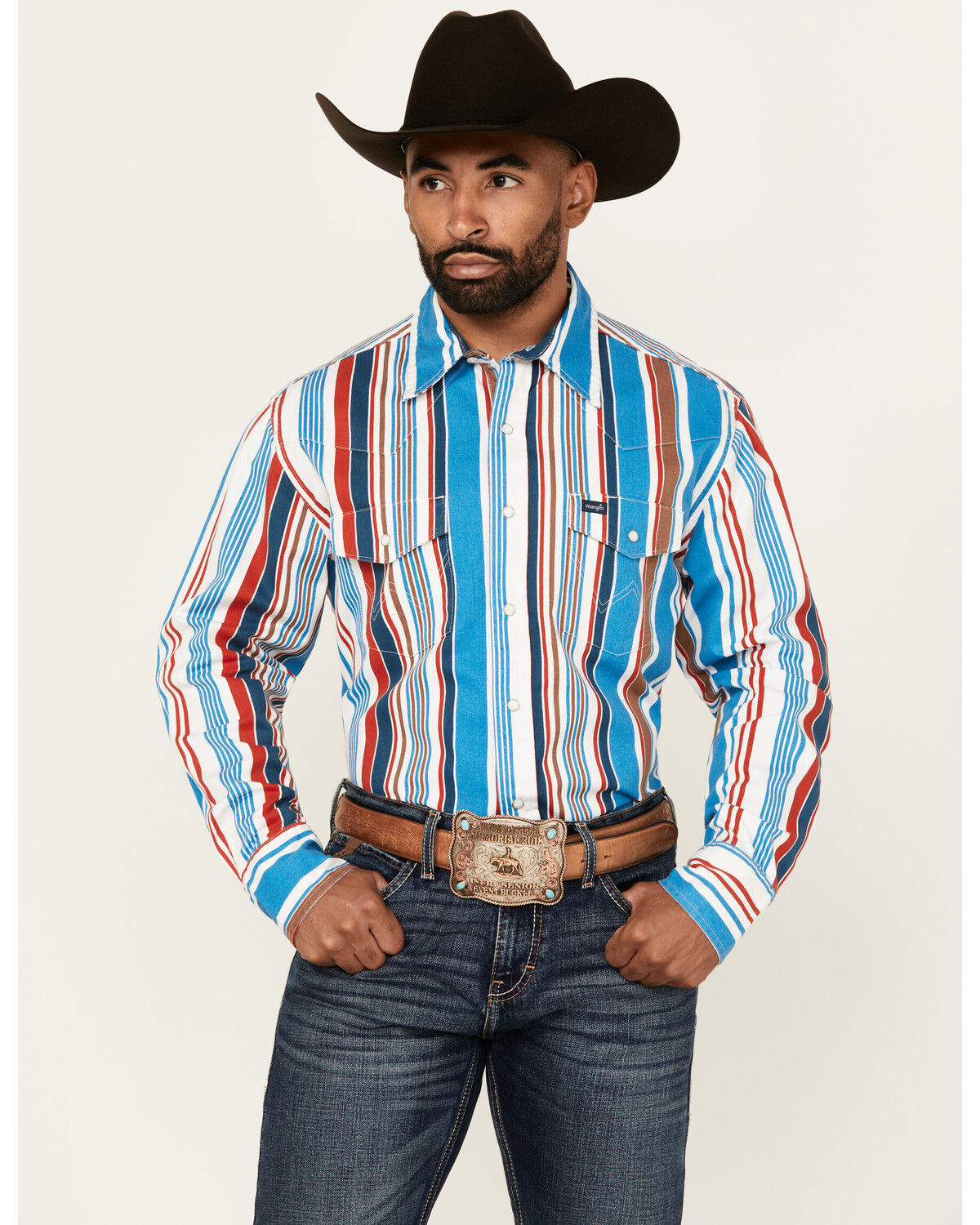 Image #1 - Wrangler Men's Vintage Brushpopper Striped Long Sleeve Snap Western Shirt, , hi-res