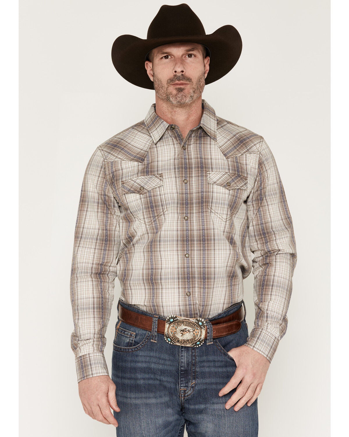Cody James Men's Legend Dobby Plaid Print Long Sleeve Snap Western Shirt, Brown, hi-res