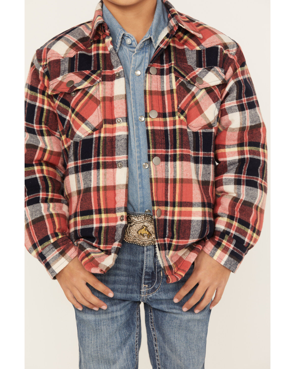 Image #3 - Roper Boys' Plaid Print Long Sleeve Flannel Shacket, Red, hi-res