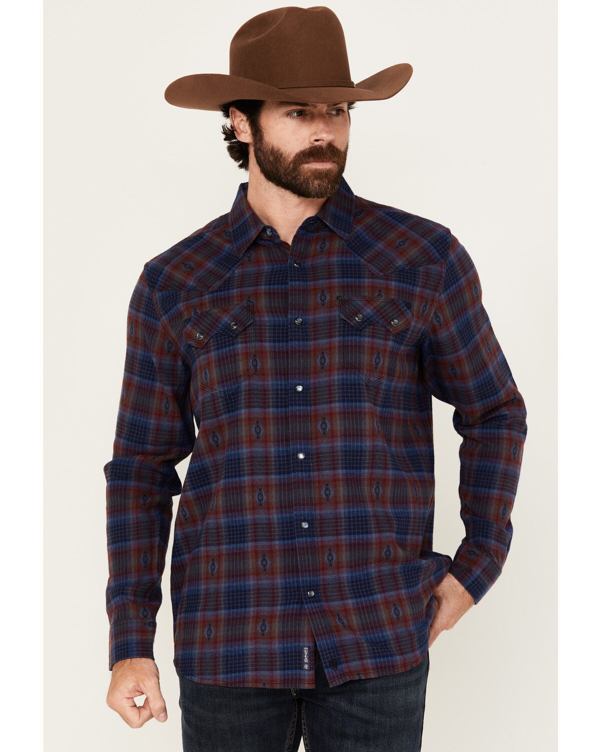 Moonshine Spirit&reg; Men's Fireland Dobby Plaid Print Long Sleeve Snap Western Shirt, Burgundy, hi-res