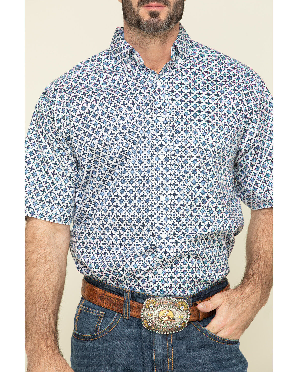 Image #4 - Tuf Cooper Men's Competition White Stretch Geo Print Short Sleeve Western Shirt, , hi-res