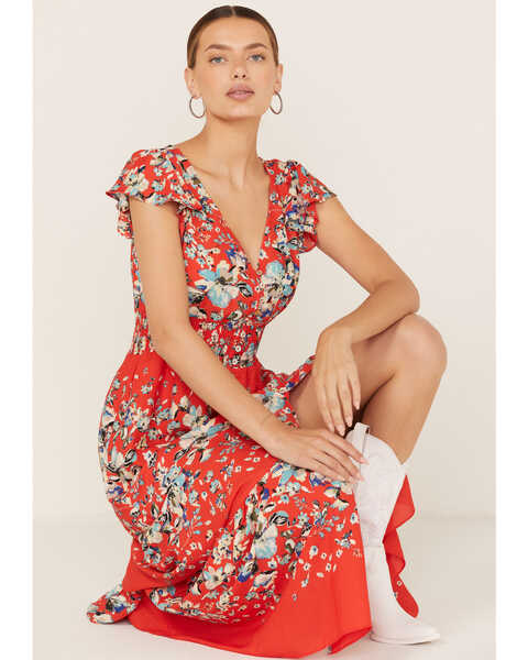 Miss Me Women's Floral Print Split Hem Maxi Dress, Red, hi-res