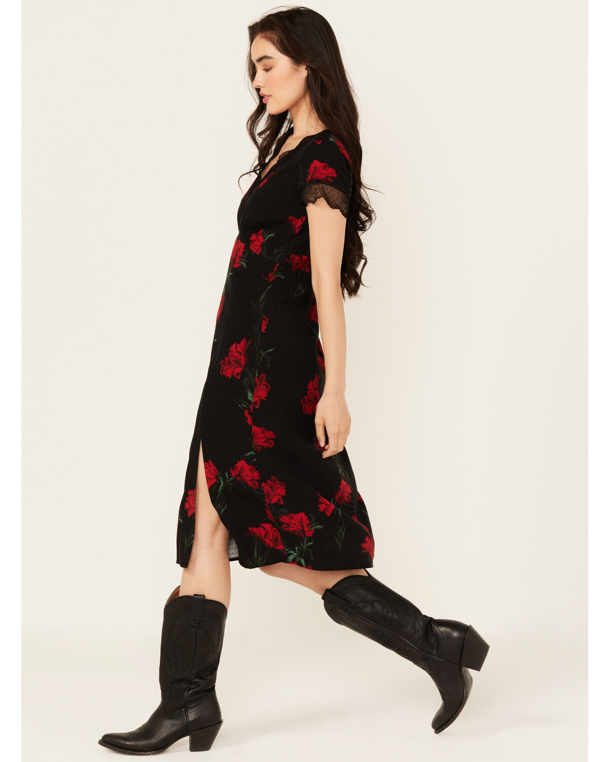 Image #3 - Idyllwind Women's Rosely Floral Print Lace Trim Midi Dress, Black, hi-res