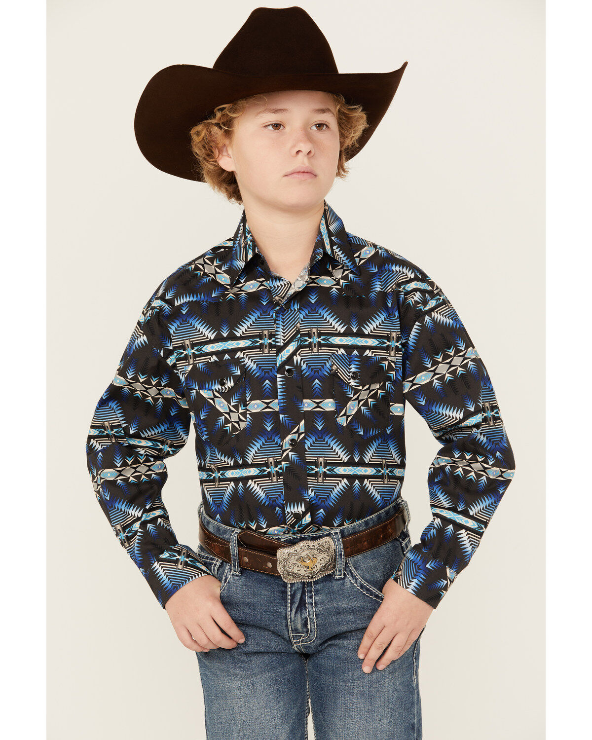 Image #1 - Rock & Roll Denim Boys' Southwestern Print Long Sleeve Stretch Snap Western Shirt, Navy, hi-res
