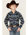 Image #1 - Rock & Roll Denim Boys' Southwestern Print Long Sleeve Stretch Snap Western Shirt, Navy, hi-res
