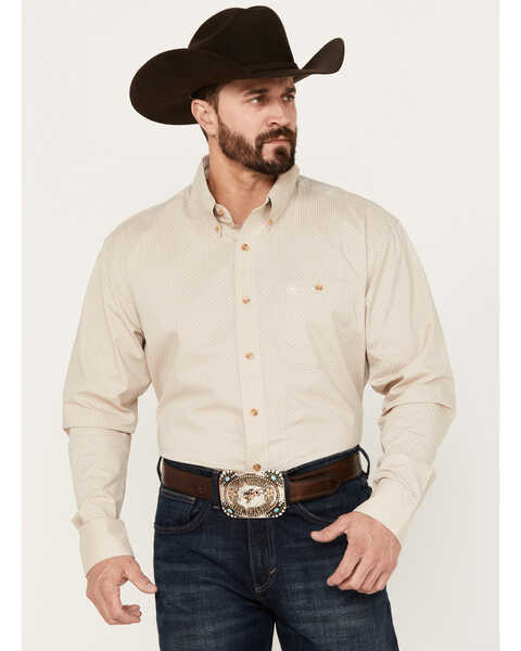 Wrangler Men's Geo Print Long Sleeve Button-Down Western Shirt, Tan, hi-res