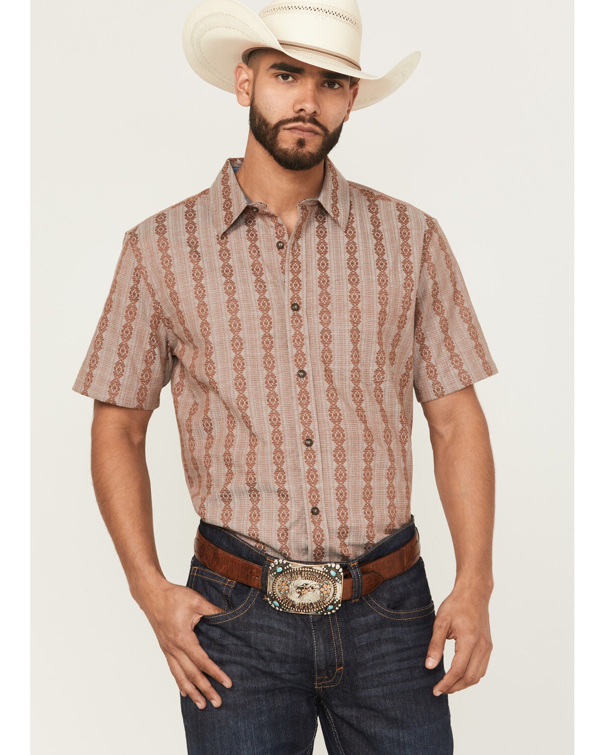 Cody James Men's Delaware Striped Short Sleeve Button-Down Stretch Western Shirt, Brown, hi-res
