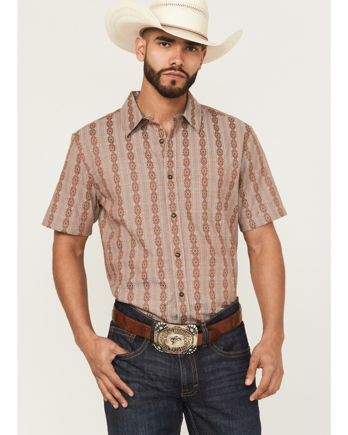 Image #1 - Cody James Men's Delaware Striped Short Sleeve Button-Down Stretch Western Shirt, Brown, hi-res