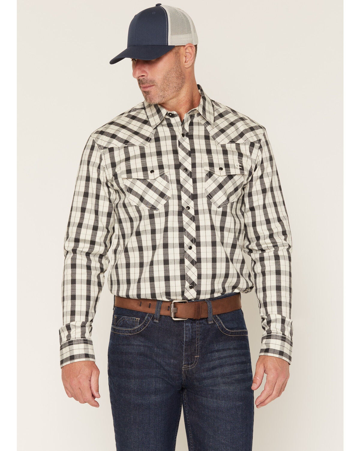 Image #2 - Cody James Men's FR Dalton Plaid Print Snap Stretch Work Shirt, Cream, hi-res