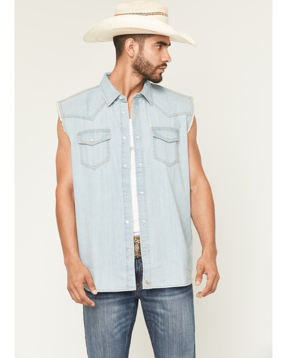 Cody James Men's Light Wash Frosty Sleeveless Snap Denim Bubba, Light Wash, hi-res
