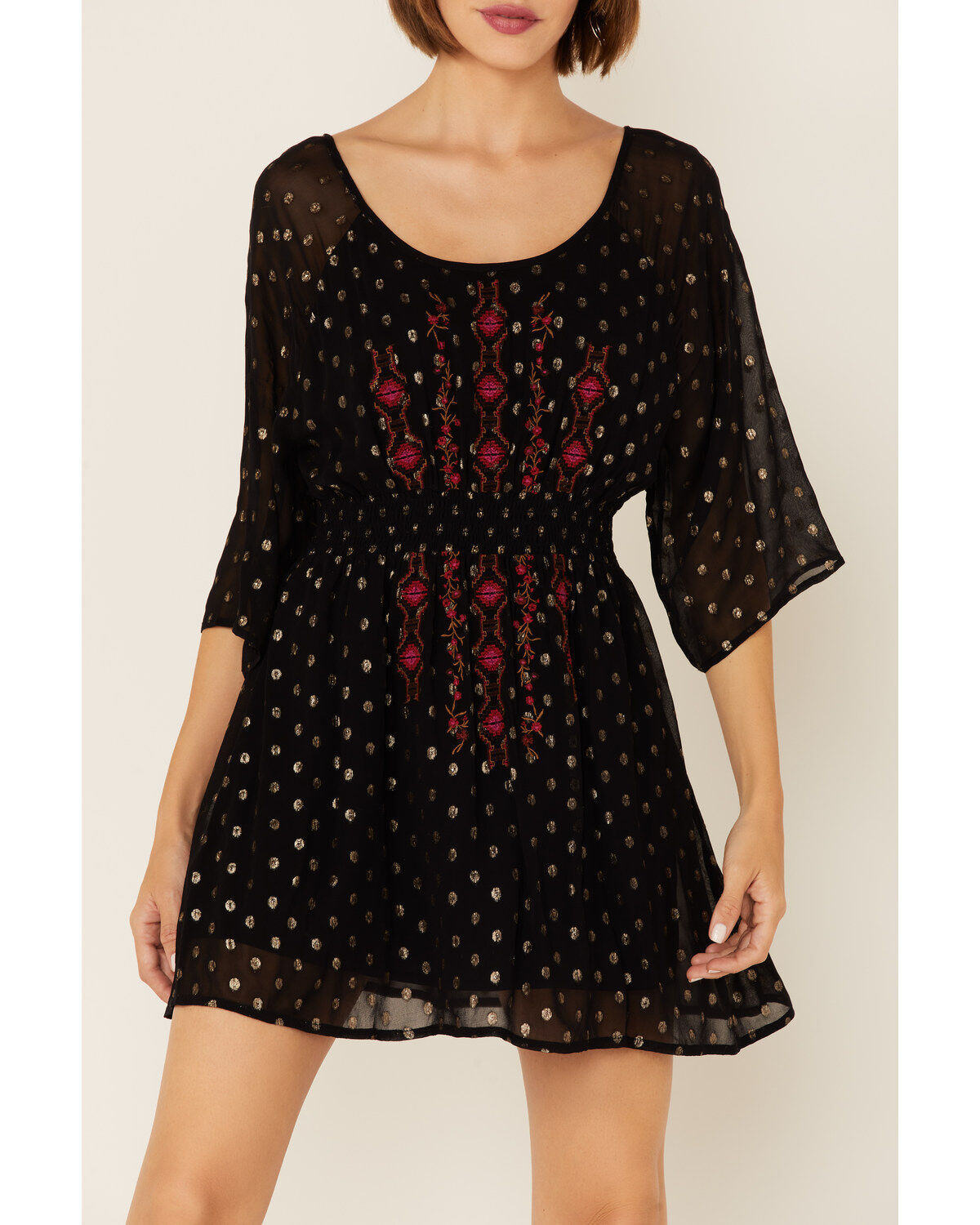 Image #2 - Shyanne Women's Smocked Southwestern Floral Embroidered Mini Dress, Black, hi-res