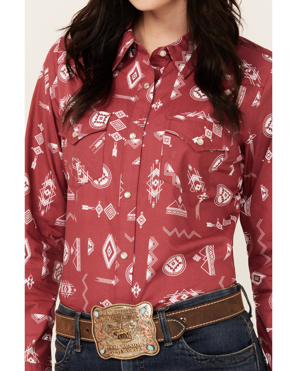 Image #3 - Wrangler Women's Southwestern Print Long Sleeve Pearl Snap Western Shirt, Red, hi-res