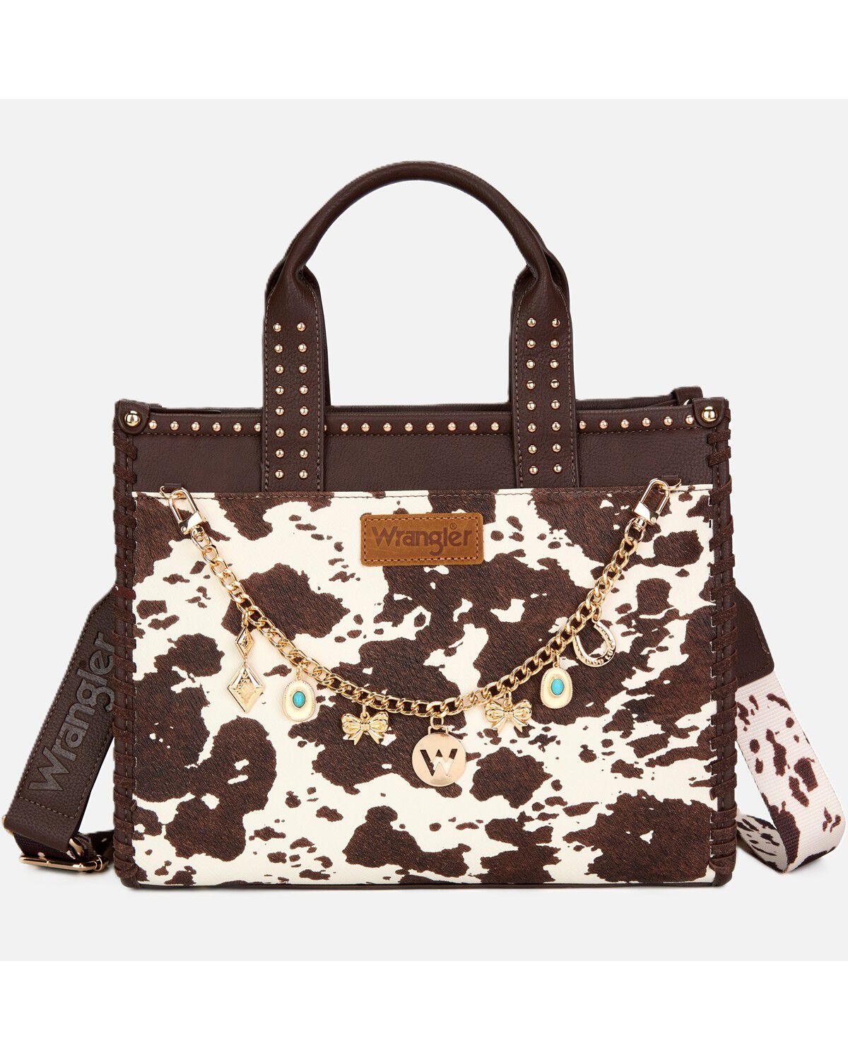 Wrangler X Boot Barn Women's Cow Print Tote with Chain, Coffee, hi-res