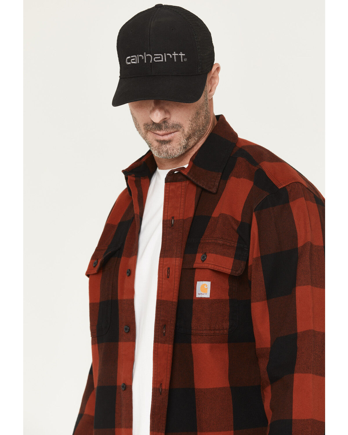 Image #2 - Carhartt Men's Heavyweight Plaid Print Long Sleeve Button-Down Flannel Shirt, Red, hi-res