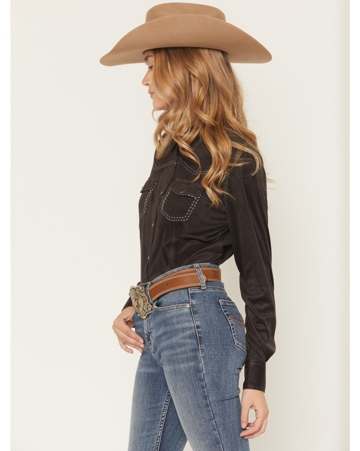 Image #2 - Cowgirl Hardware Girls' Faux Suede Long Sleeve Pearl Snap Stretch Western Shirt, Black, hi-res