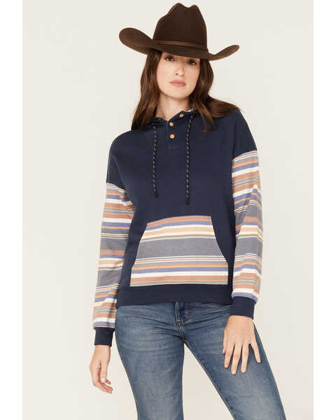RANK 45® Women's Stripe Contrast Hooded Pullover, Navy, hi-res