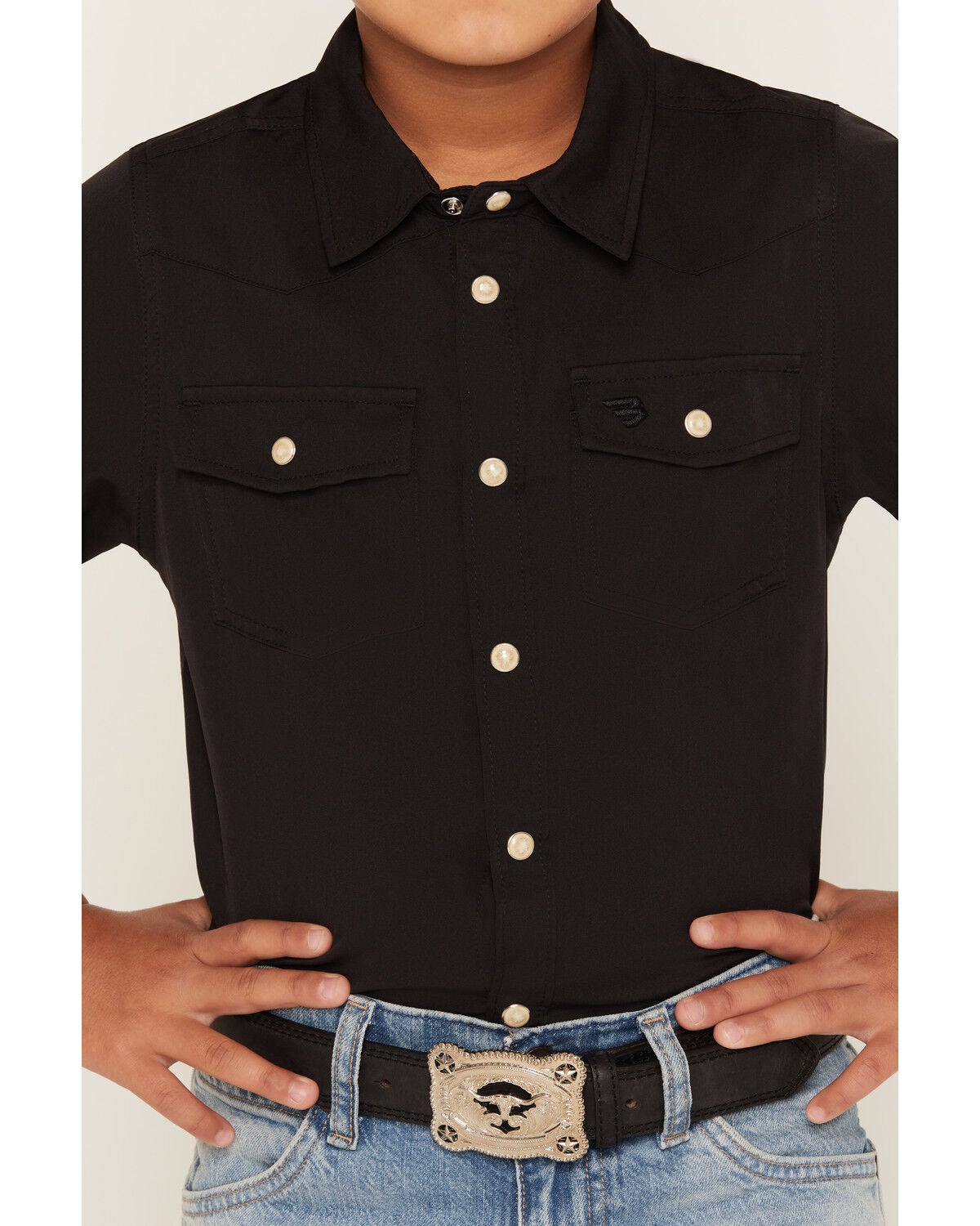 Image #3 - Burlebo Boys' Solid Short Sleeve Button-Down Stretch Performance Western Shirt, Black, hi-res