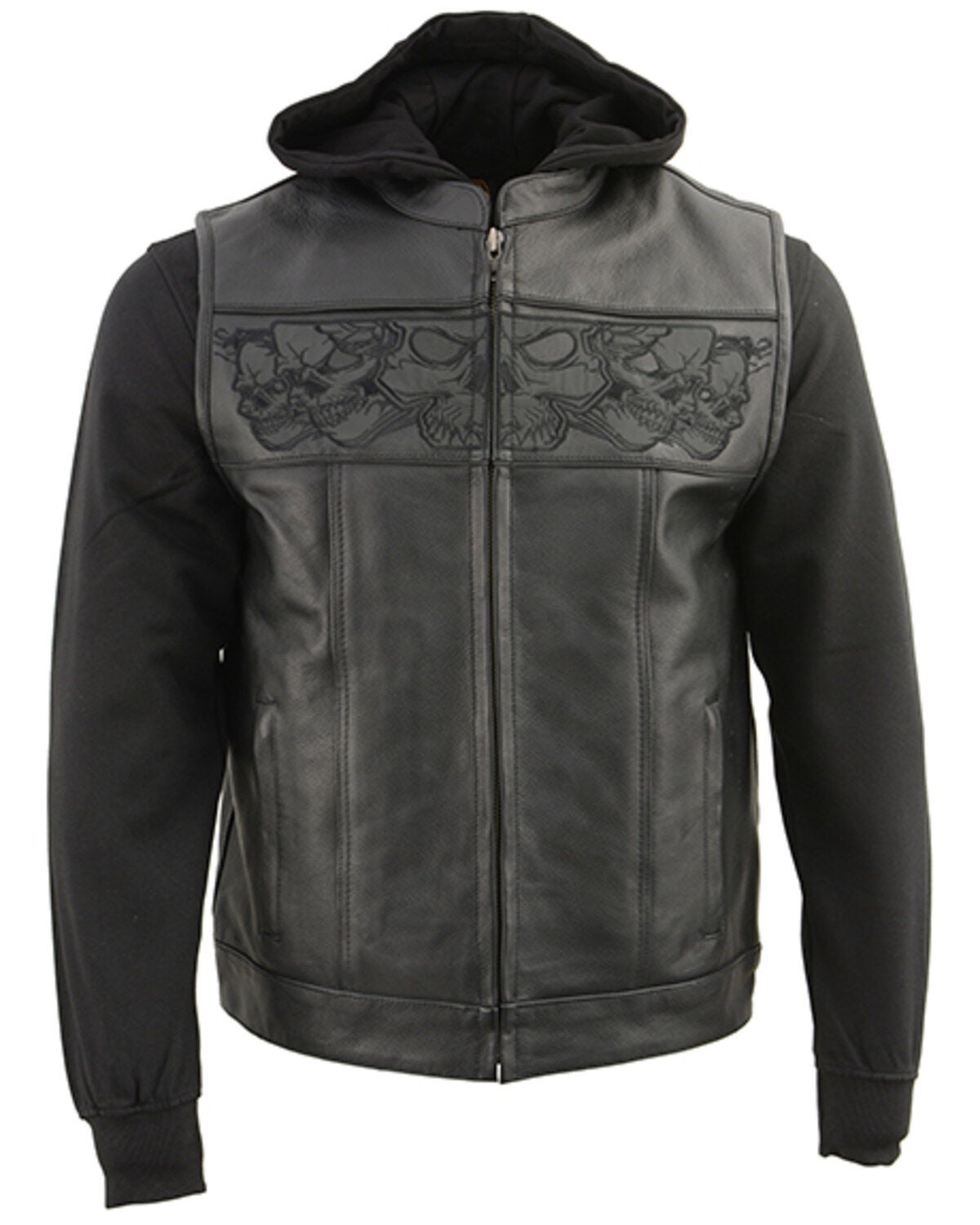 Milwaukee Leather Men's Leather Concealed Carry Vest with Reflective Skulls and Removeable Hoodie - 3X, Black, hi-res