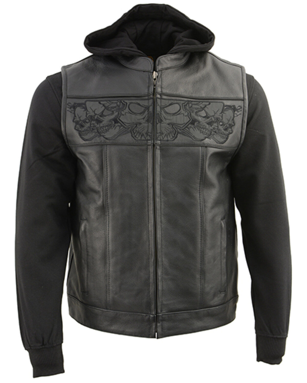 Image #1 - Milwaukee Leather Men's Leather Concealed Carry Vest with Reflective Skulls and Removeable Hoodie - 3X, Black, hi-res