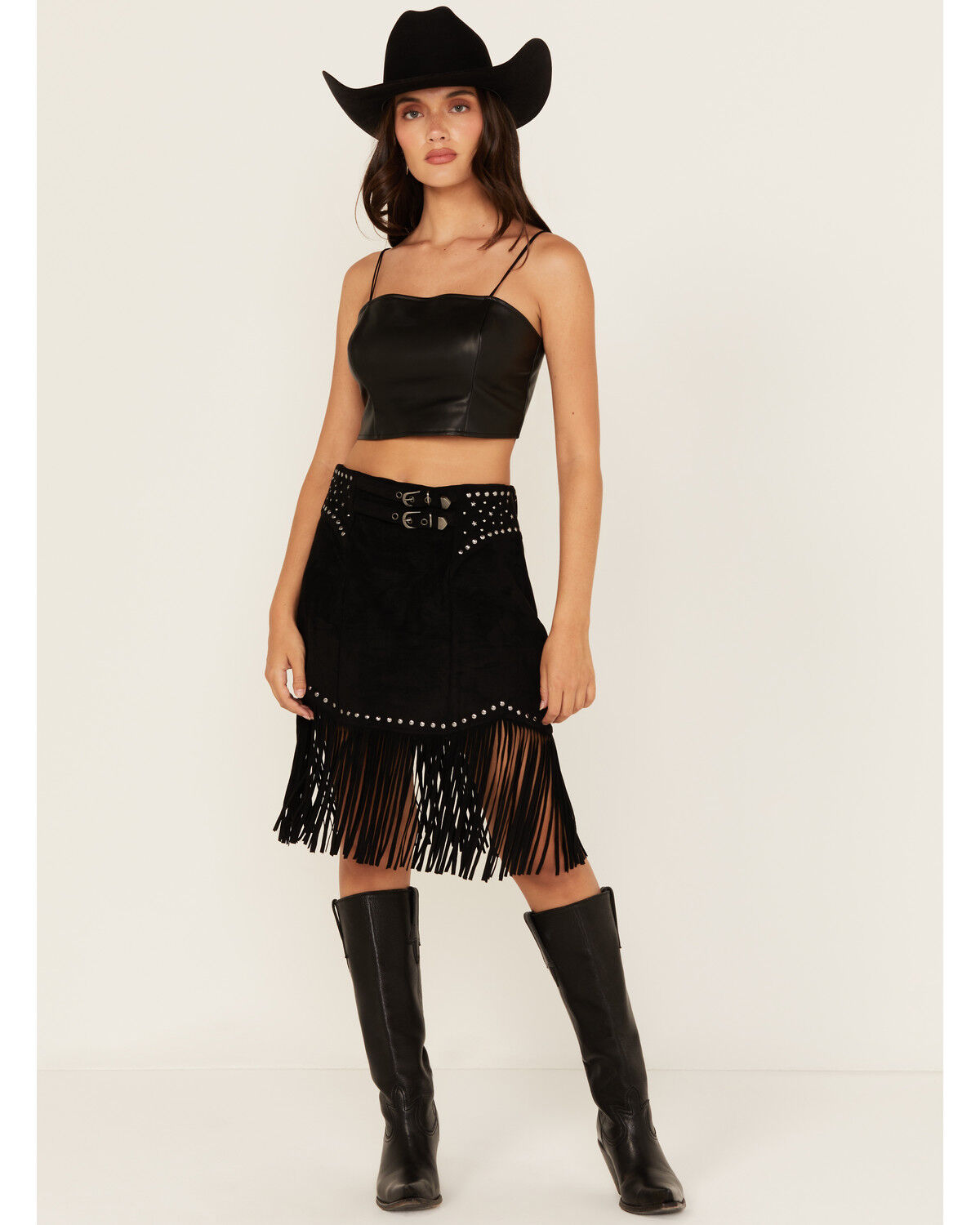 Image #1 - Rock & Roll Denim Women's Fringe Buckle Skirt, Black, hi-res
