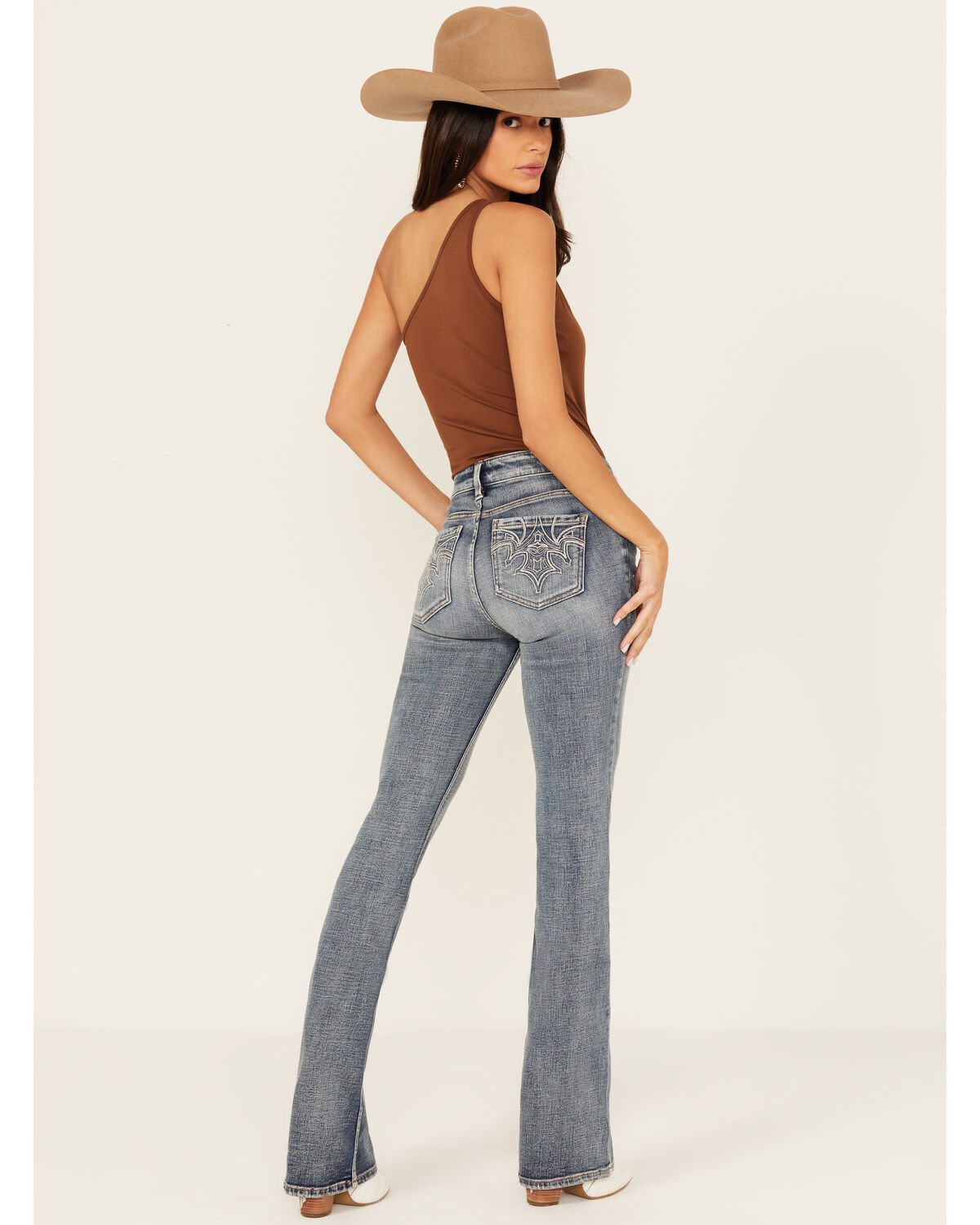 Image #1 - Shyanne Women's Medium Wash Aria Novelty Back Pocket Mid Rise Bootcut Stretch Denim Jeans, Medium Wash, hi-res