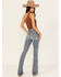 Image #1 - Shyanne Women's Medium Wash Aria Novelty Back Pocket Mid Rise Bootcut Stretch Denim Jeans, Medium Wash, hi-res