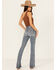 Image #1 - Shyanne Women's Medium Wash Aria Novelty Back Pocket Mid Rise Bootcut Stretch Denim Jeans , Medium Wash, hi-res
