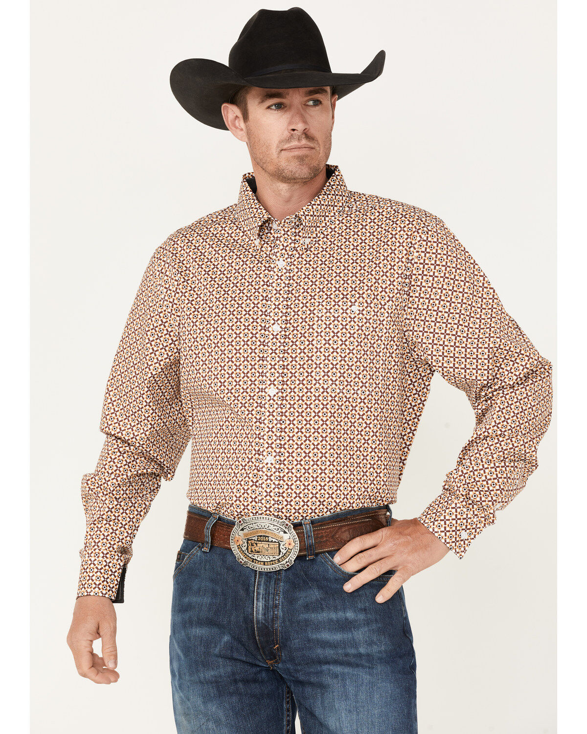Image #1 - RANK 45® Men's Stirrup Geo Print Long Sleeve Western Button-Down Shirt, Light Red, hi-res