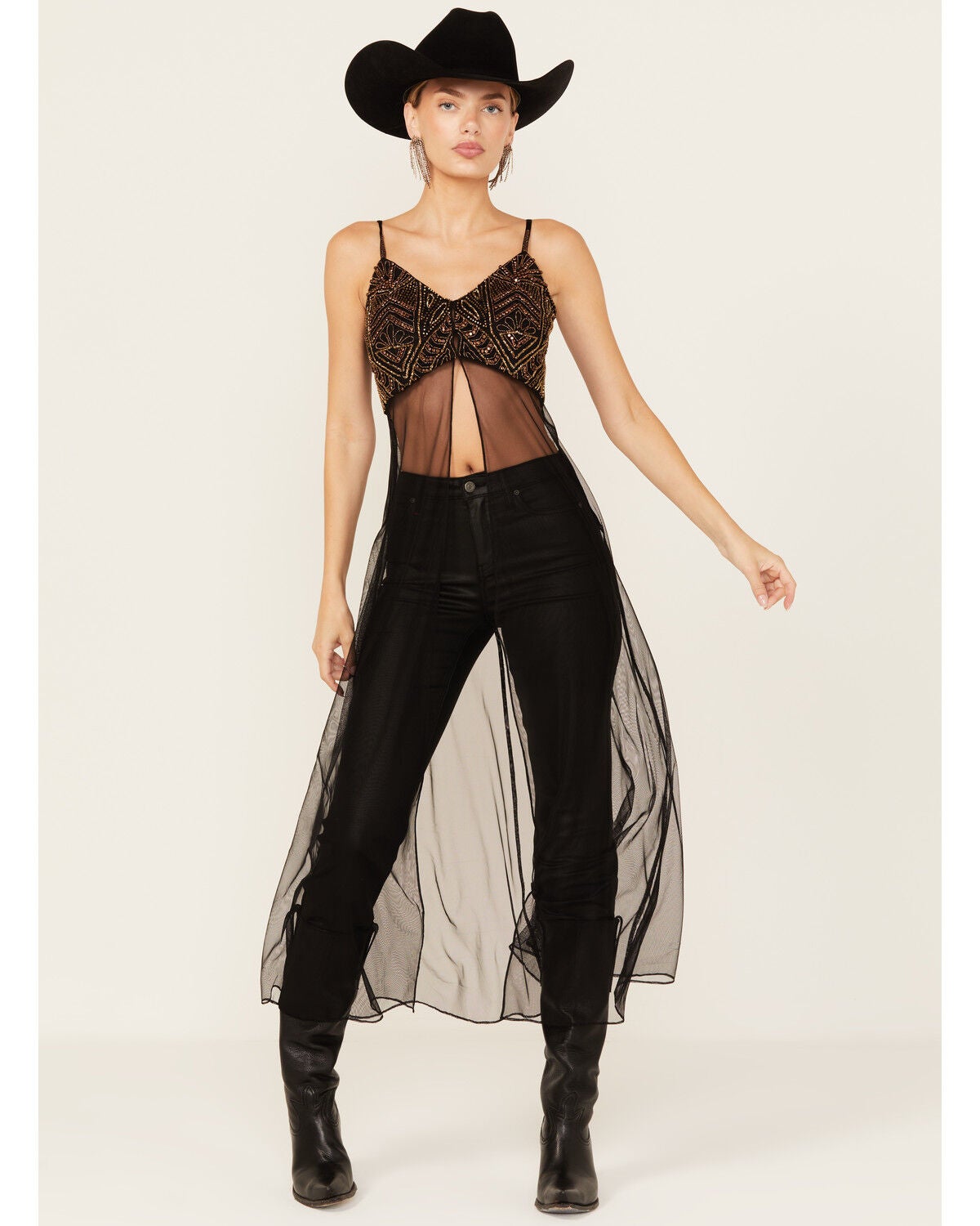 Wonderwest Women's Mountain Trail Embellished Mesh Maxi Cami, Black, hi-res