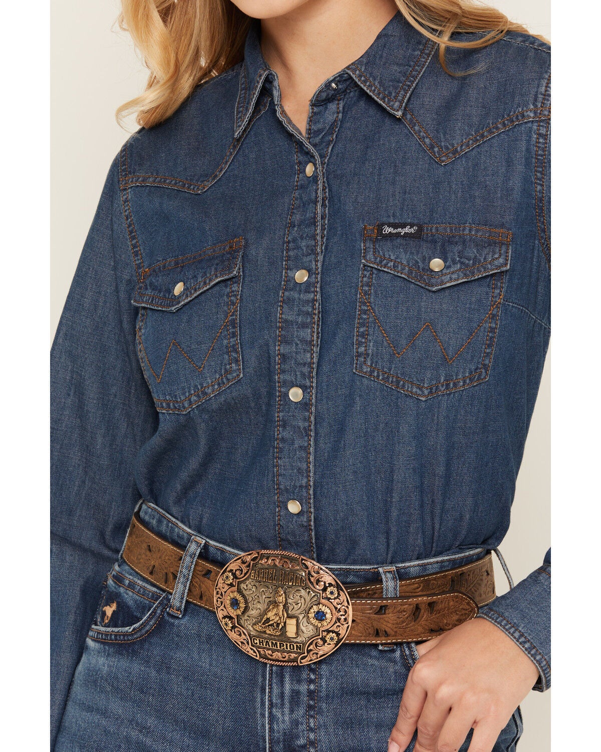 Image #3 - Wrangler Women's Dark Wash Long Sleeve Pearl Snap Denim Western Shirt, Blue, hi-res
