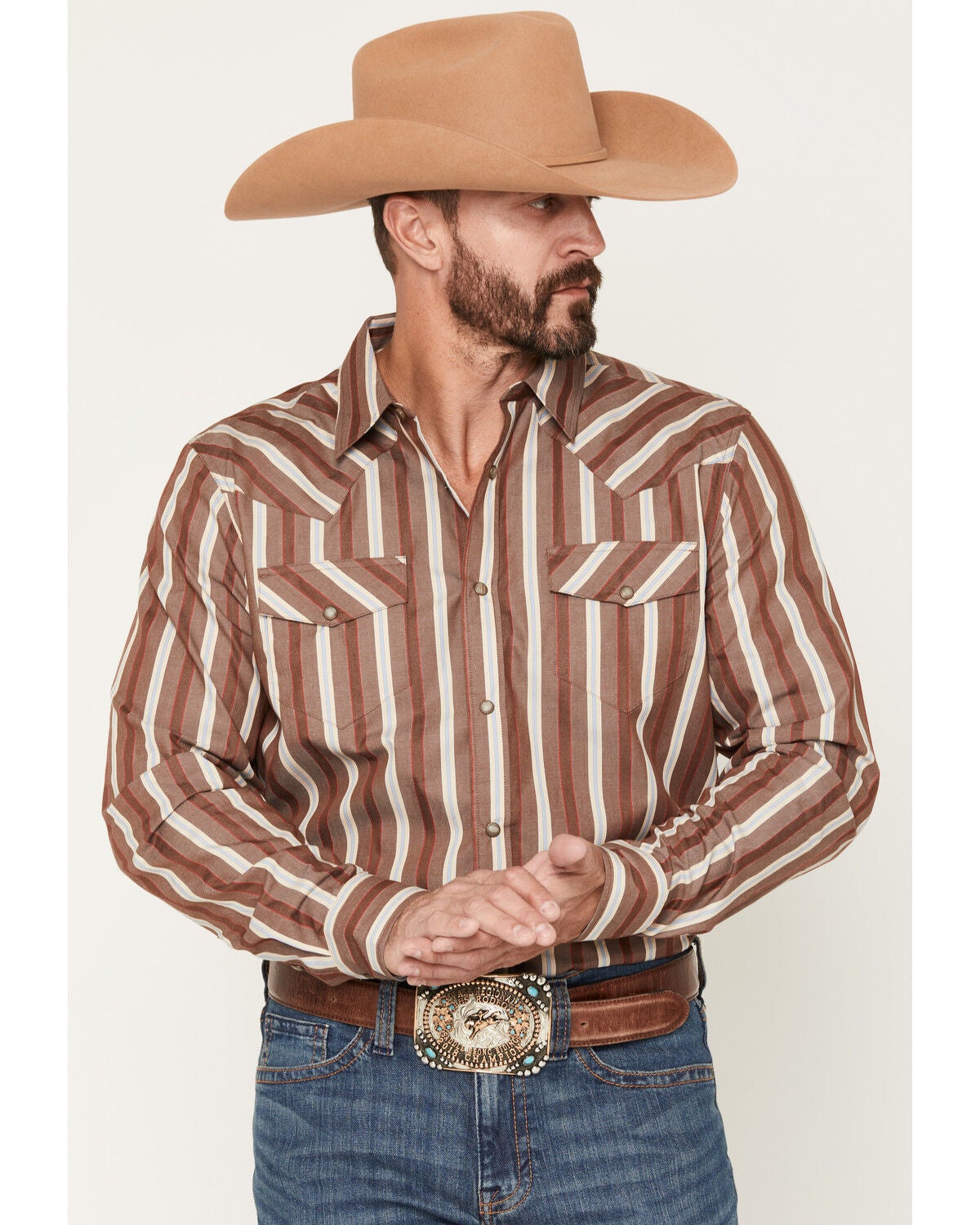 Gibson Trading Co Men's Cruise Control Stripe Print Long Sleeve Snap Western Shirt, Brown, hi-res